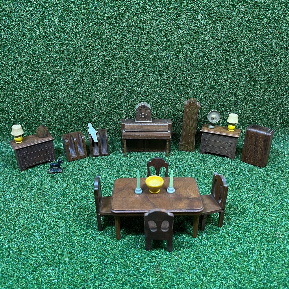 Vintage Wooden Dollhouse Miniature Clock Piano Drawers Dining Set